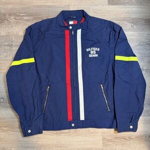 Tommy Hilfiger Denim Racing Jacket Mens XXL Navy Blue Striped Windbreaker Moto